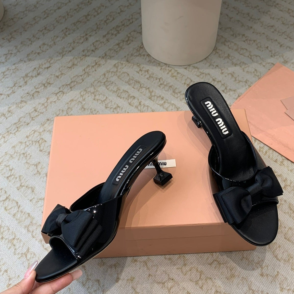 Black Mid - Heels With Black Bow Calfskin