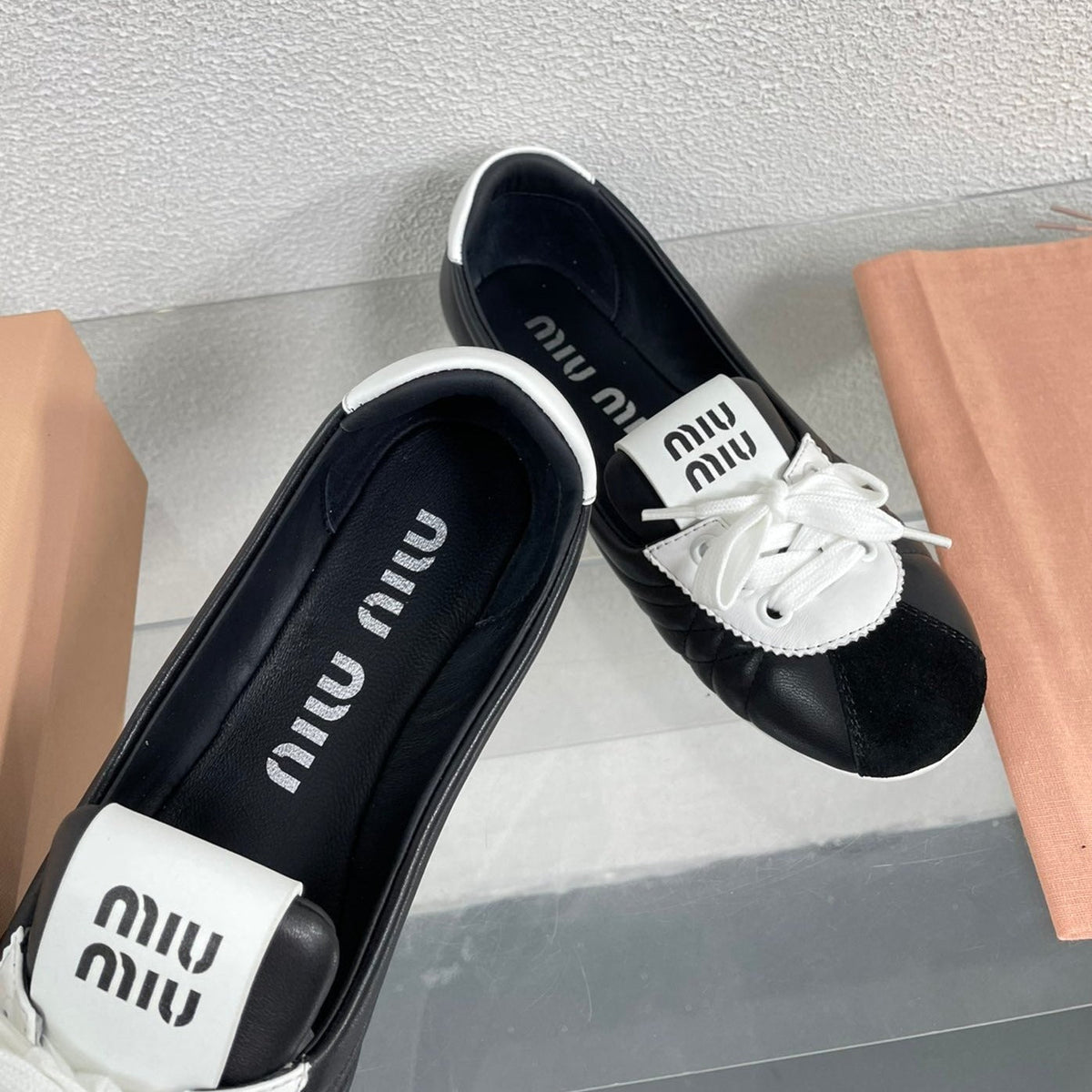 Black Leather Ballet Flats With White