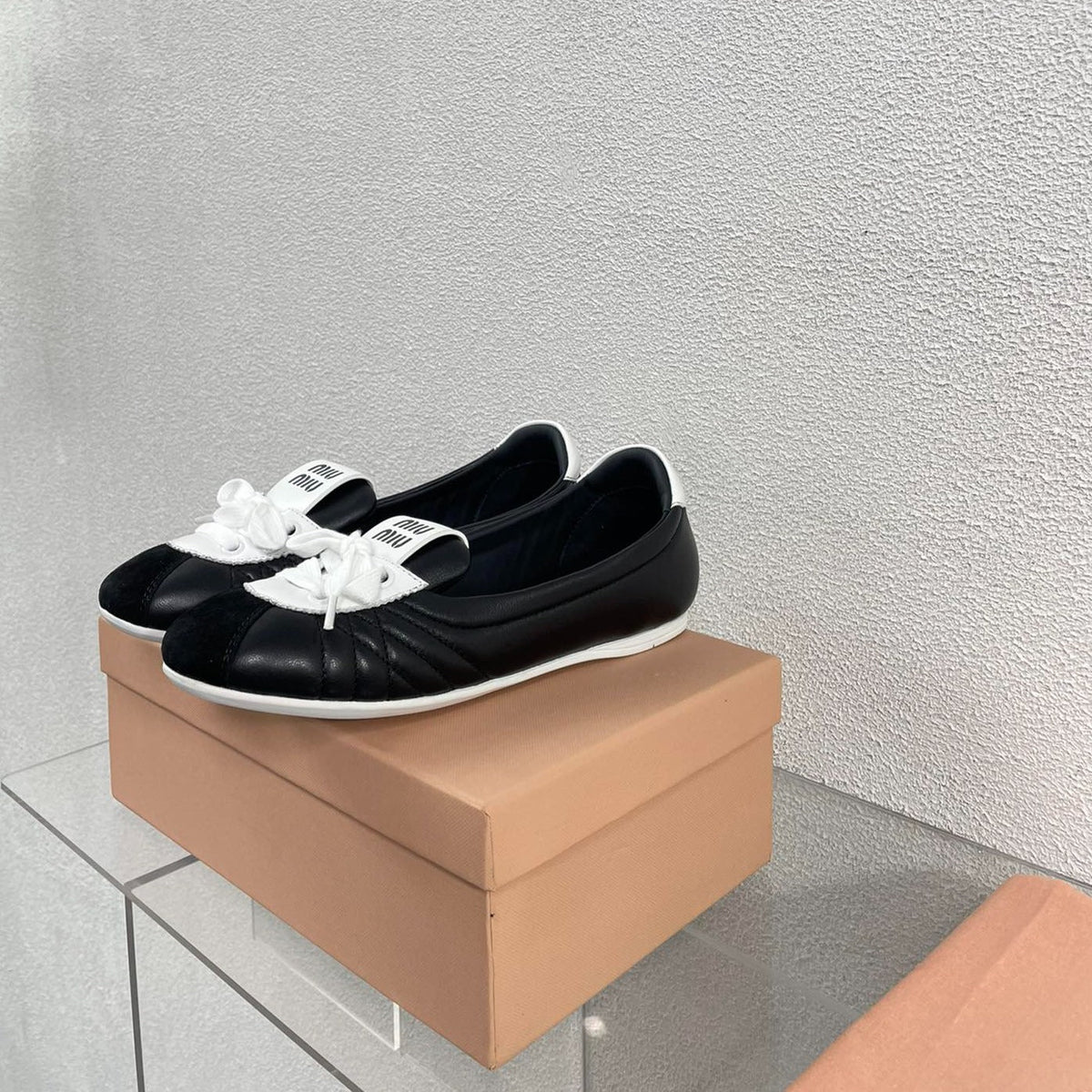 Black Leather Ballet Flats With White