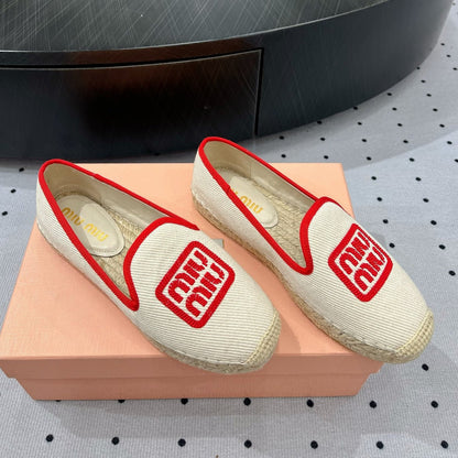 Loafer Shoes Ivory With Red Border Fabric Linen