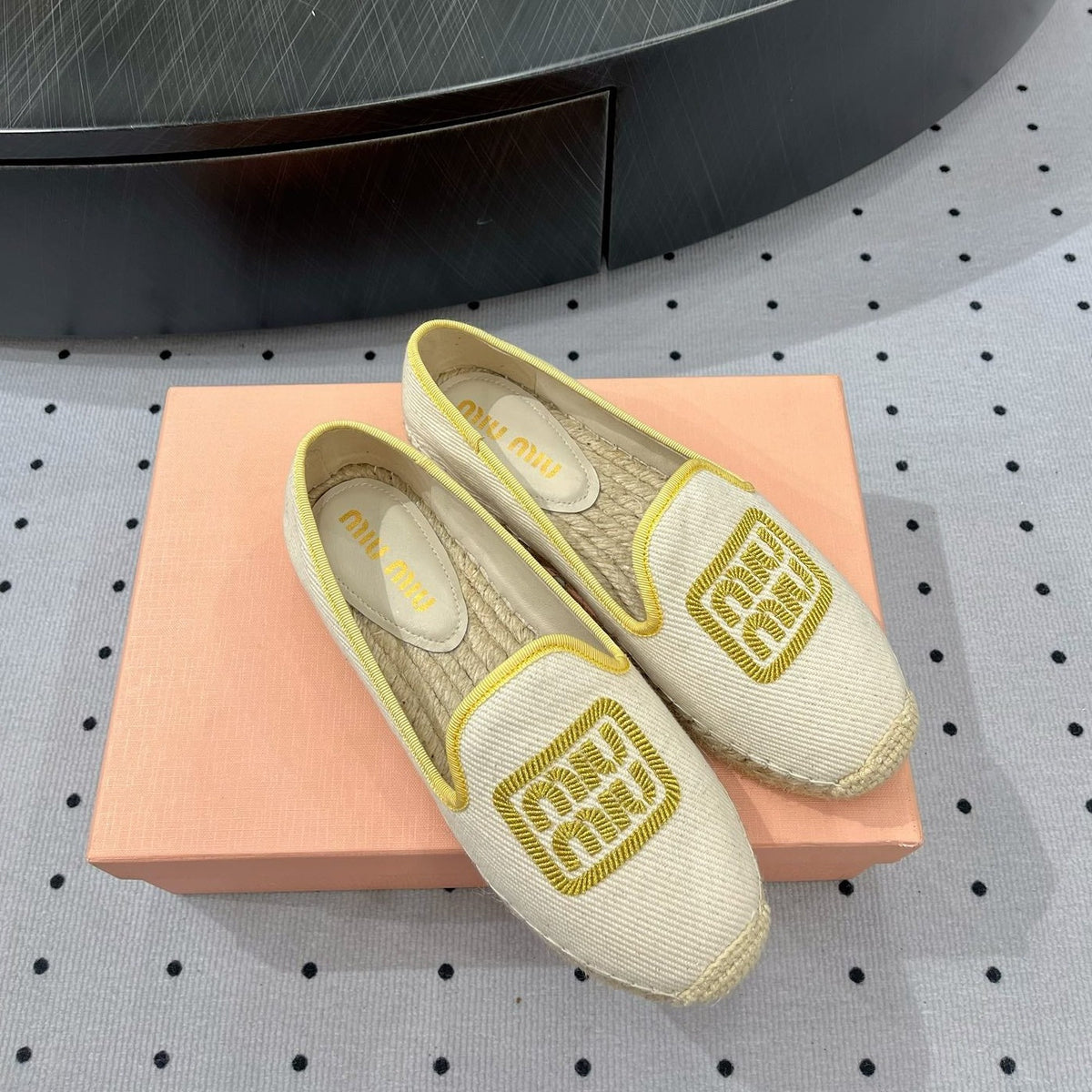 Loafer Shoes Ivory With Yellow Border Fabric Linen