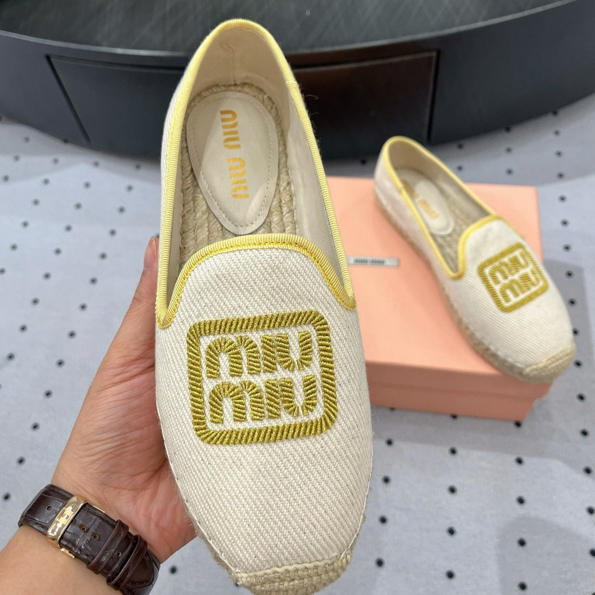 Loafer Shoes Ivory With Yellow Border Fabric Linen