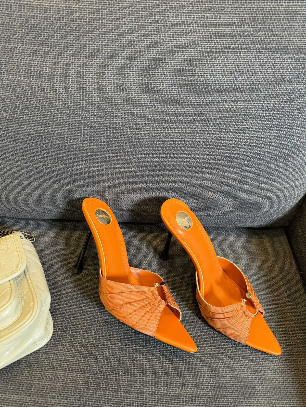 LOLA HIGH MULES IN TANGELO ORANGE SMOOTH LAMBSKIN AND DRAPED JERSEY