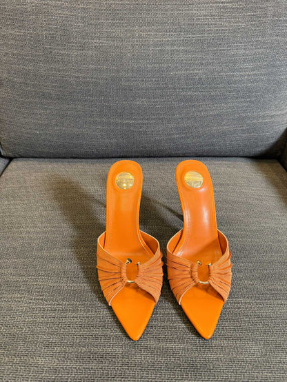 LOLA HIGH MULES IN TANGELO ORANGE SMOOTH LAMBSKIN AND DRAPED JERSEY