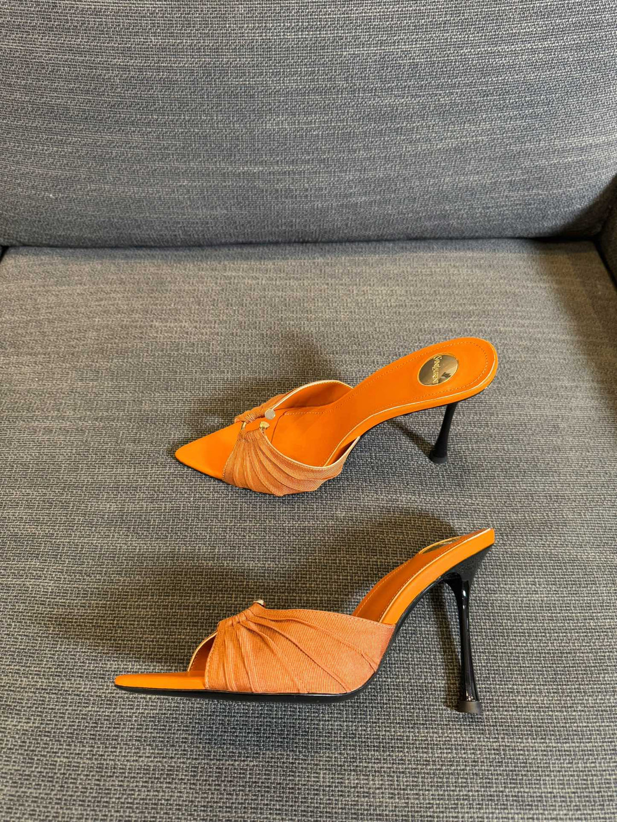 LOLA HIGH MULES IN TANGELO ORANGE SMOOTH LAMBSKIN AND DRAPED JERSEY