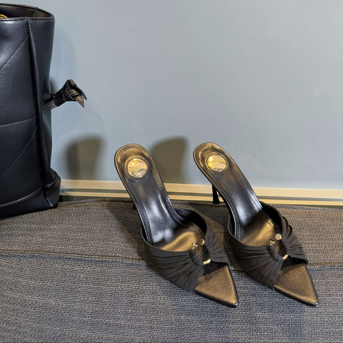 LOLA HIGH MULES IN BLACK SMOOTH LAMBSKIN AND DRAPED JERSEY