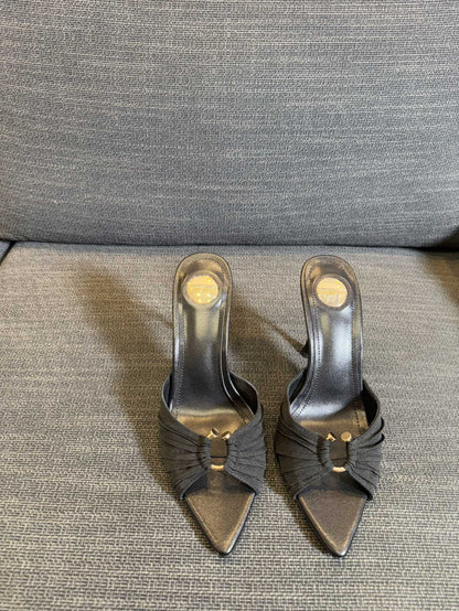 LOLA HIGH MULES IN BLACK SMOOTH LAMBSKIN AND DRAPED JERSEY