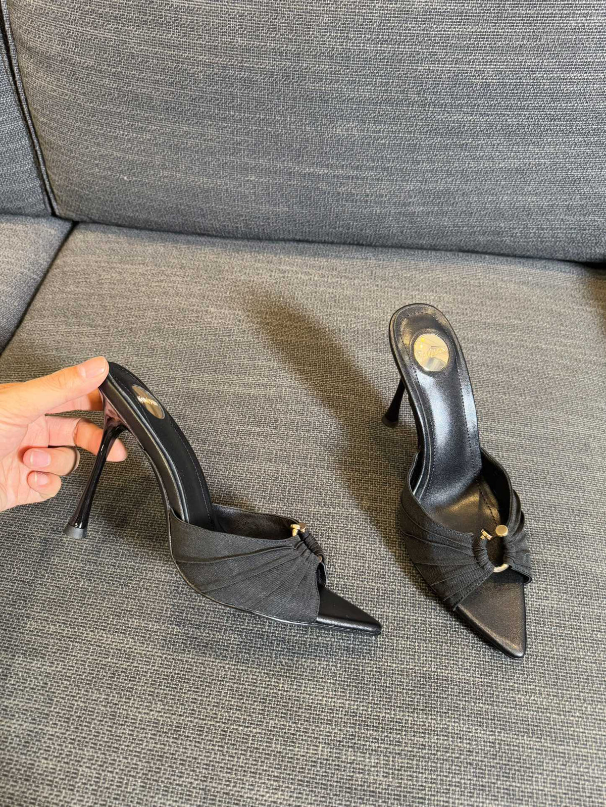 LOLA HIGH MULES IN BLACK SMOOTH LAMBSKIN AND DRAPED JERSEY