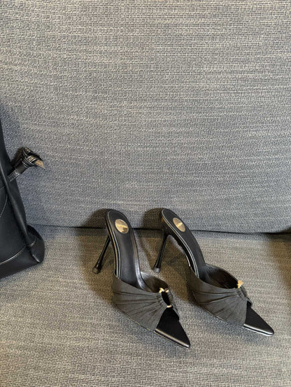 LOLA HIGH MULES IN BLACK SMOOTH LAMBSKIN AND DRAPED JERSEY