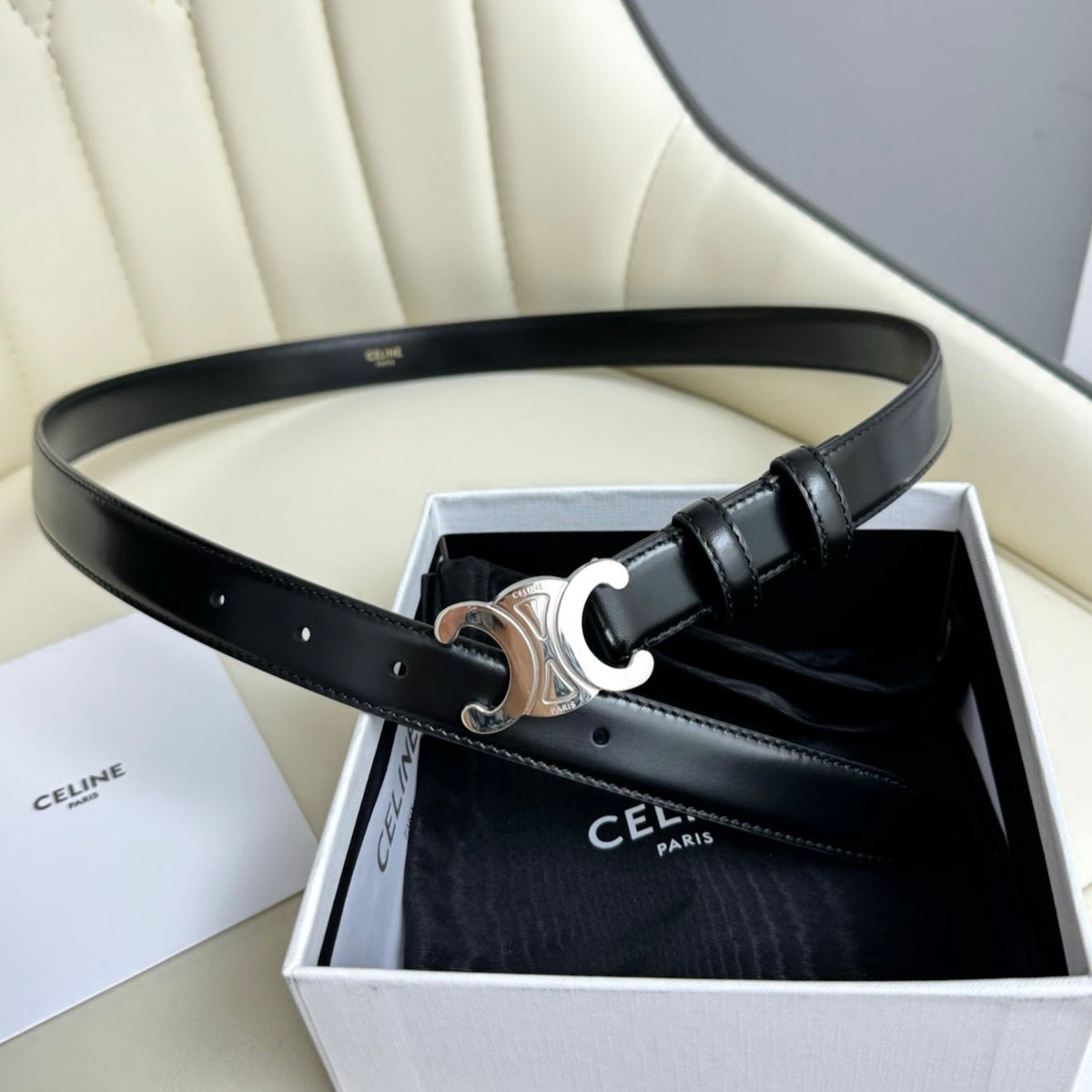 MEDIUM TRIOMPHE BELT 25MM BLACK LEATHER SILVER HARDWARE