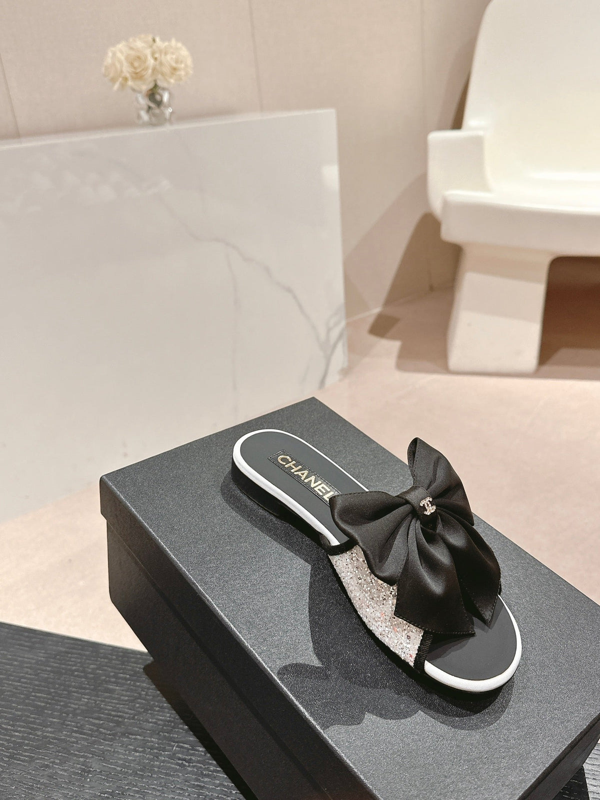 BOW LADY SLIPPERS BLACK LAMBSKIN WITH WHITE RHINESTONES