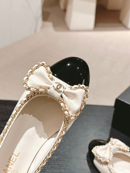 BOWKNOT BALLET FLAT IN WHITE MIX BLACK SHEEPSKIN