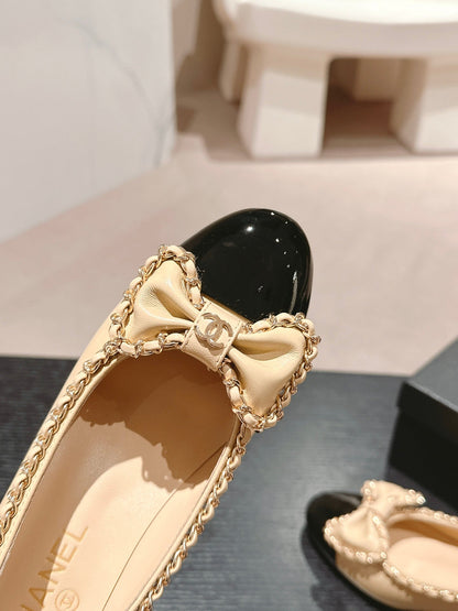 BOWKNOT HIGH HEELS IN BEIGE CREAM MIX BLACK SHEEPSKIN