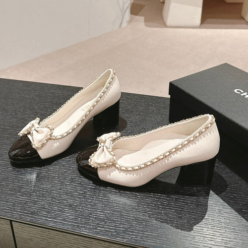 BOWKNOT HIGH HEELS IN WHITE MIX BLACK SHEEPSKIN