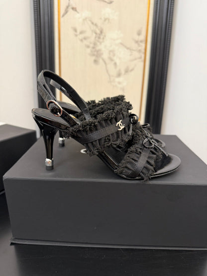 BLACK GROSGRAIN CANVAS BOW SLINGBACK SANDALS