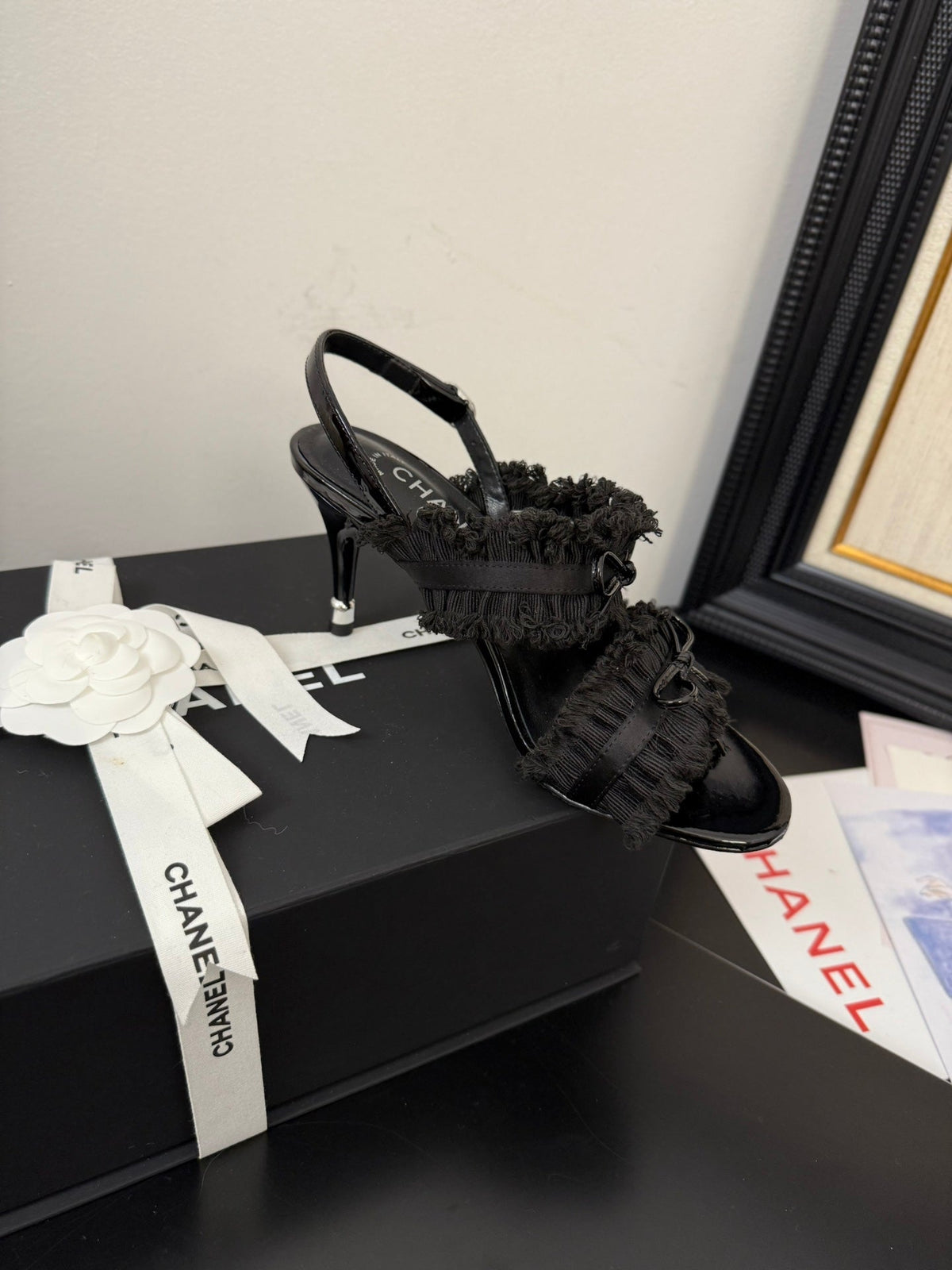 BLACK GROSGRAIN CANVAS BOW SLINGBACK SANDALS
