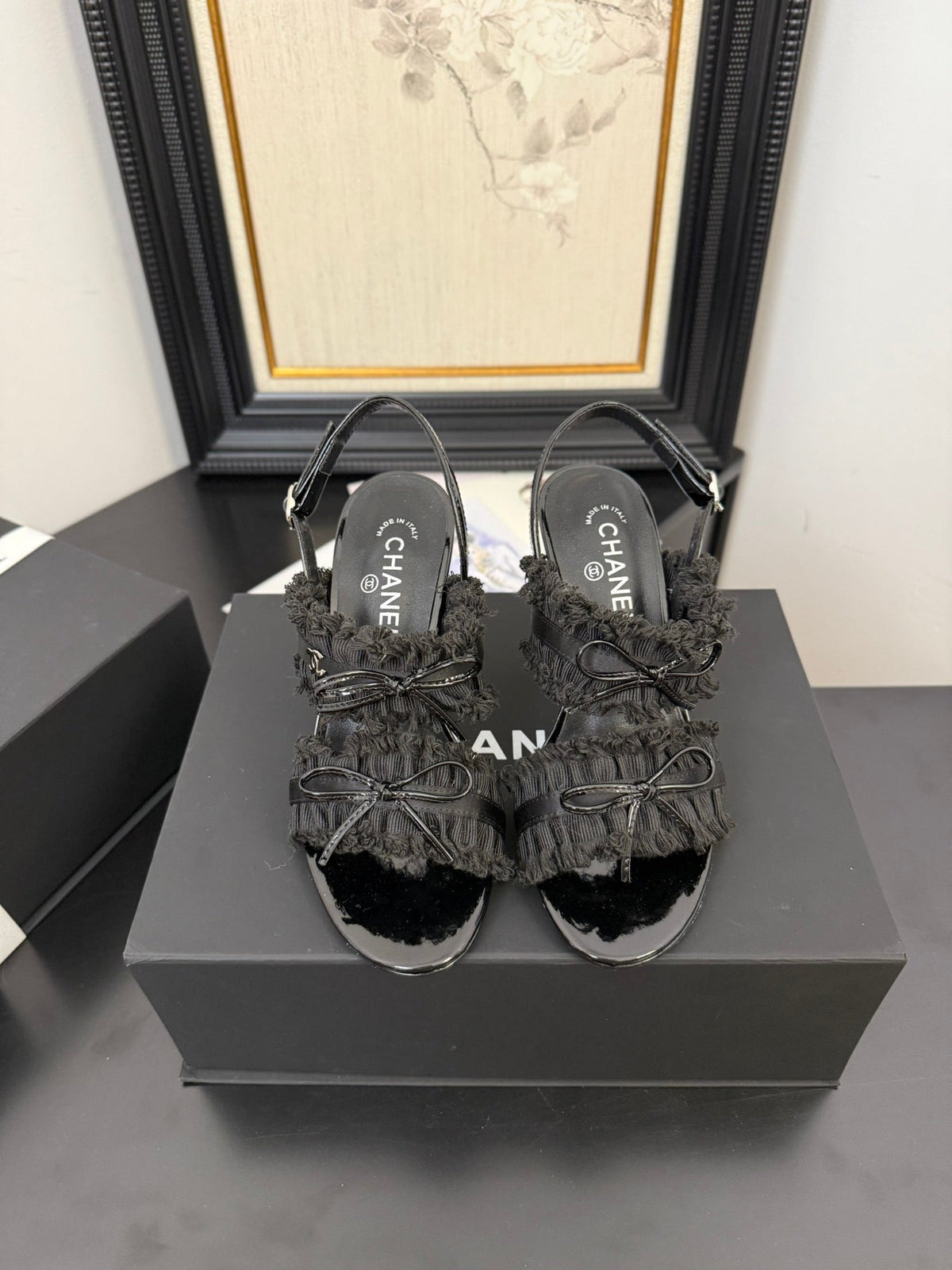 BLACK GROSGRAIN CANVAS BOW SLINGBACK SANDALS