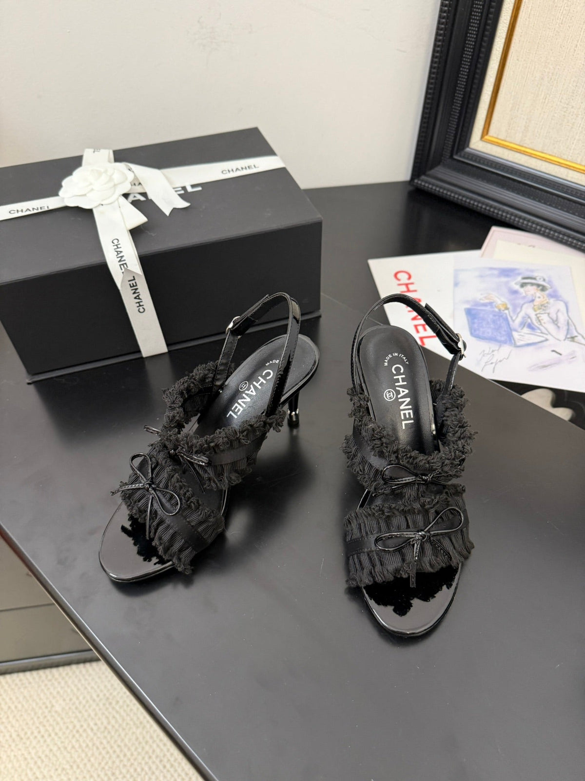 BLACK GROSGRAIN CANVAS BOW SLINGBACK SANDALS