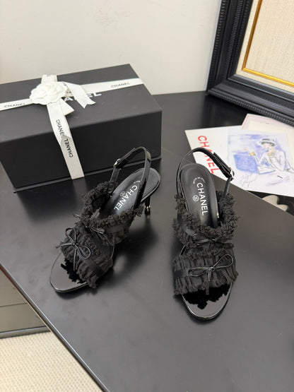BLACK GROSGRAIN CANVAS BOW SLINGBACK SANDALS