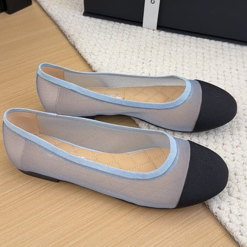 BALLET FLAT IN BLACK FABRIC AND BABY BLUE MESH