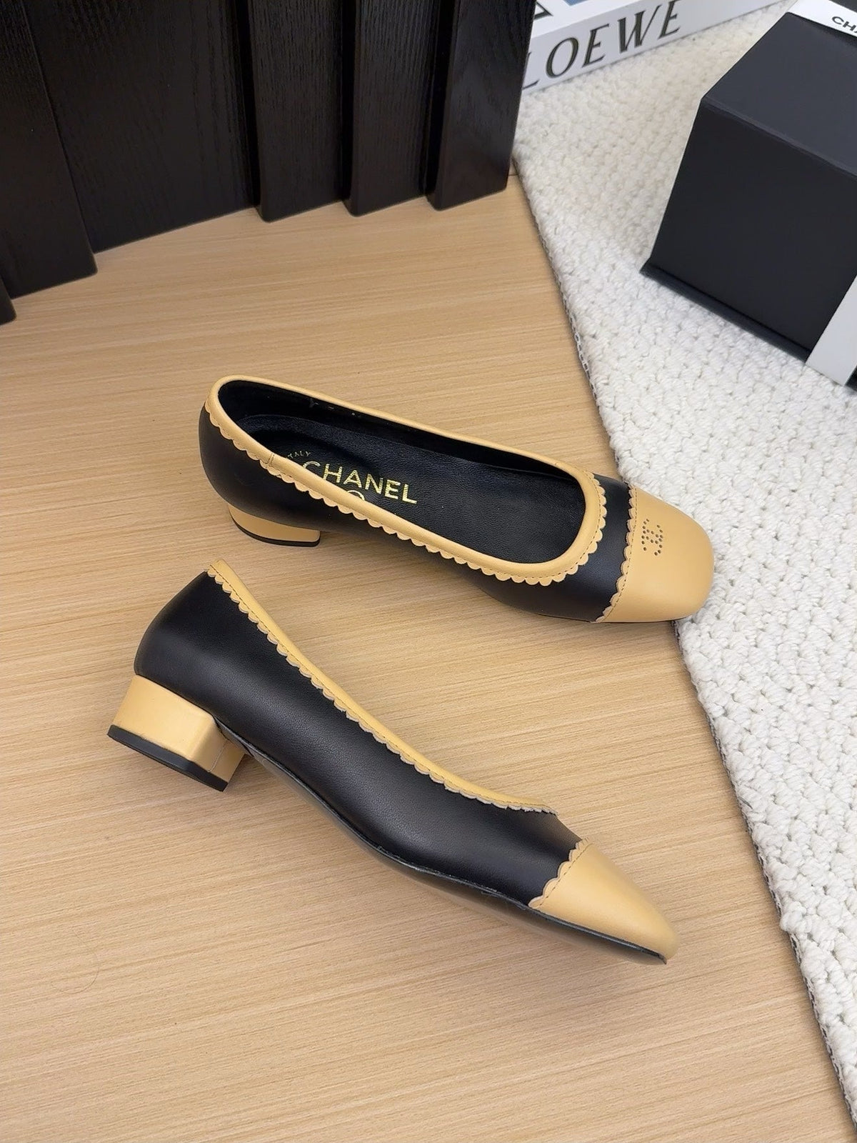 BALLET FLAT IN BLACK MIX PEANUT BROWN CALFSKIN