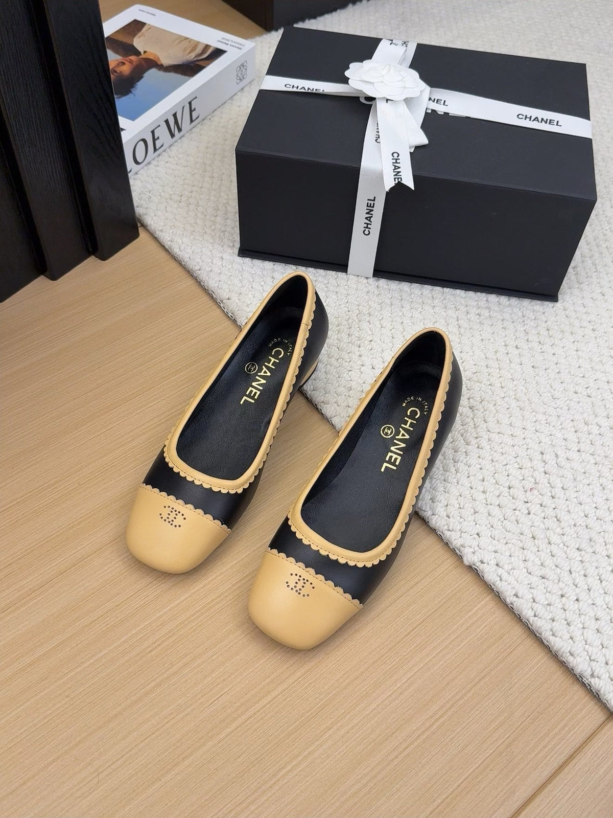 BALLET FLAT IN BLACK MIX PEANUT BROWN CALFSKIN