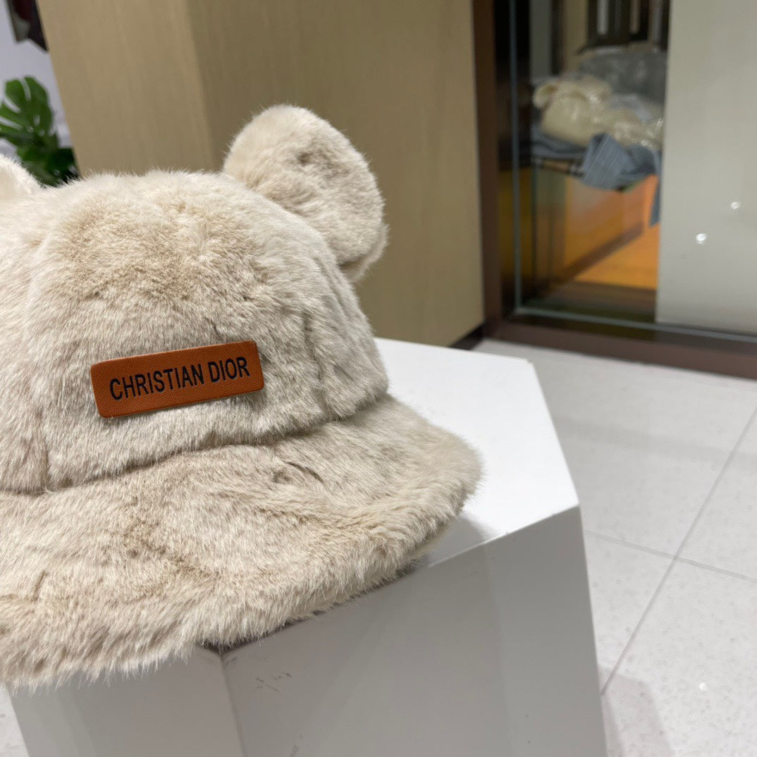 BUCKET HAT WITH CUTE BEAR EARS IN BEIGE MINK FUR 422025