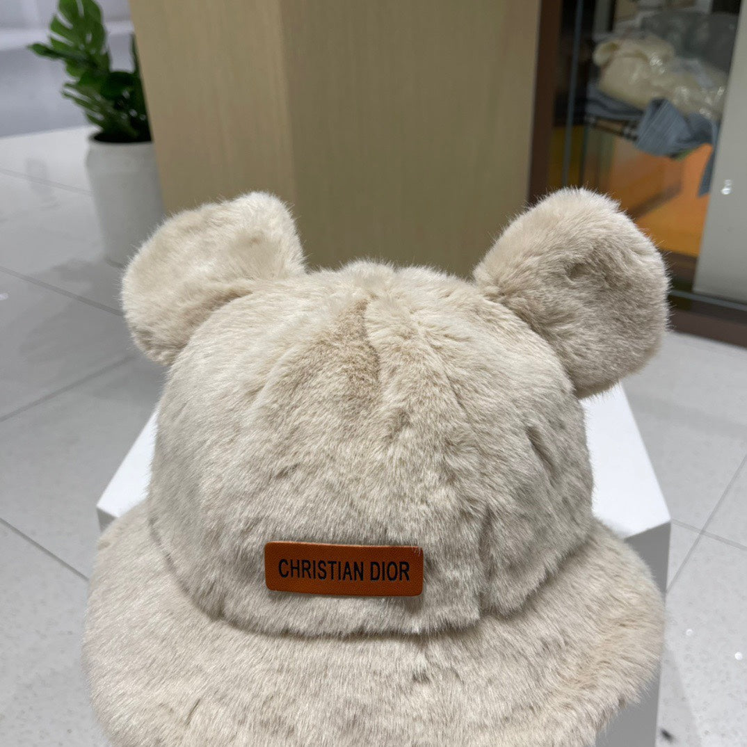 BUCKET HAT WITH CUTE BEAR EARS IN BEIGE MINK FUR 422025