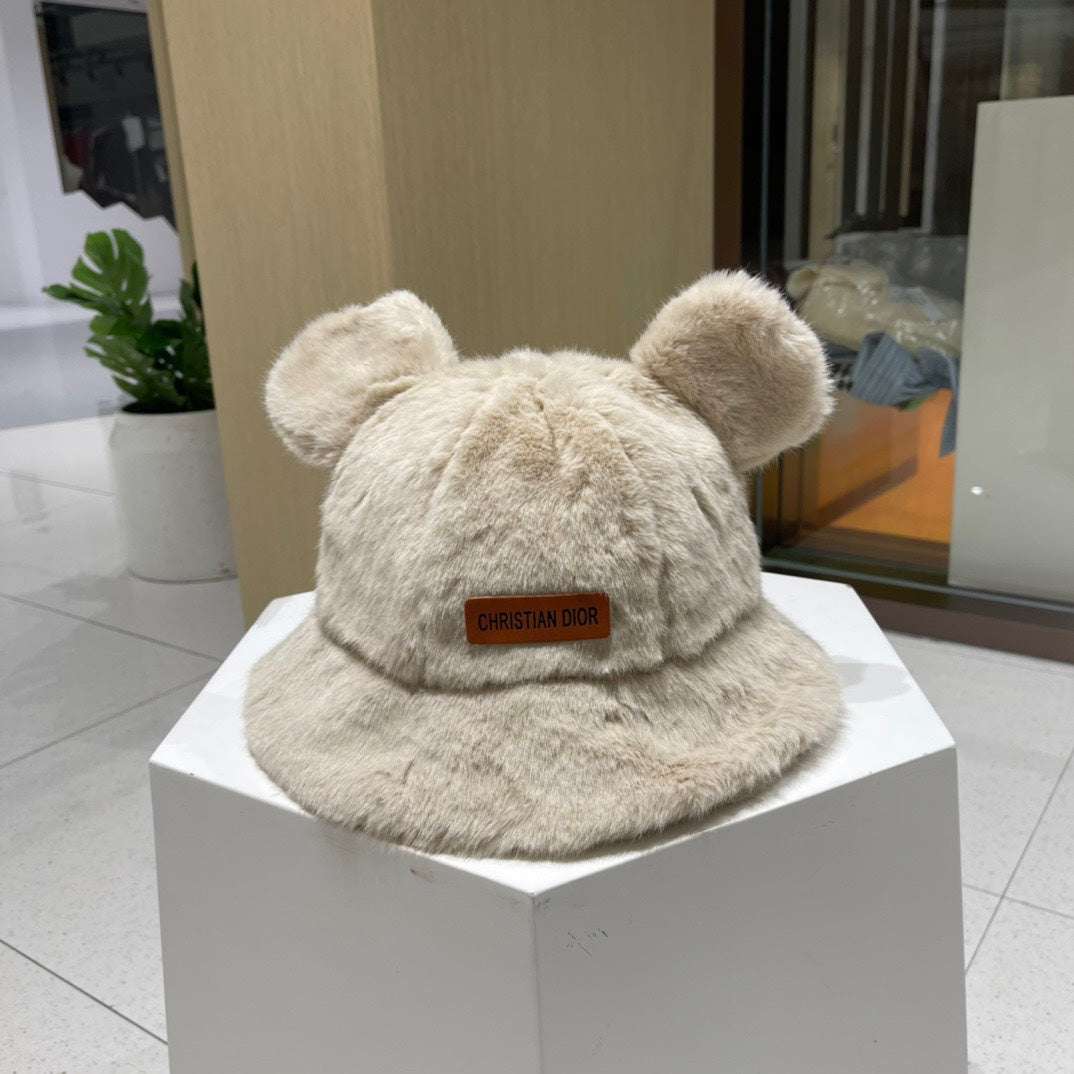 BUCKET HAT WITH CUTE BEAR EARS IN BEIGE MINK FUR 422025