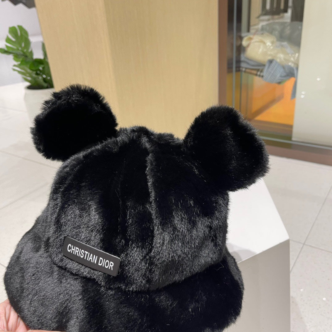 BUCKET HAT WITH CUTE BEAR EARS IN BLACK MINK FUR 422026