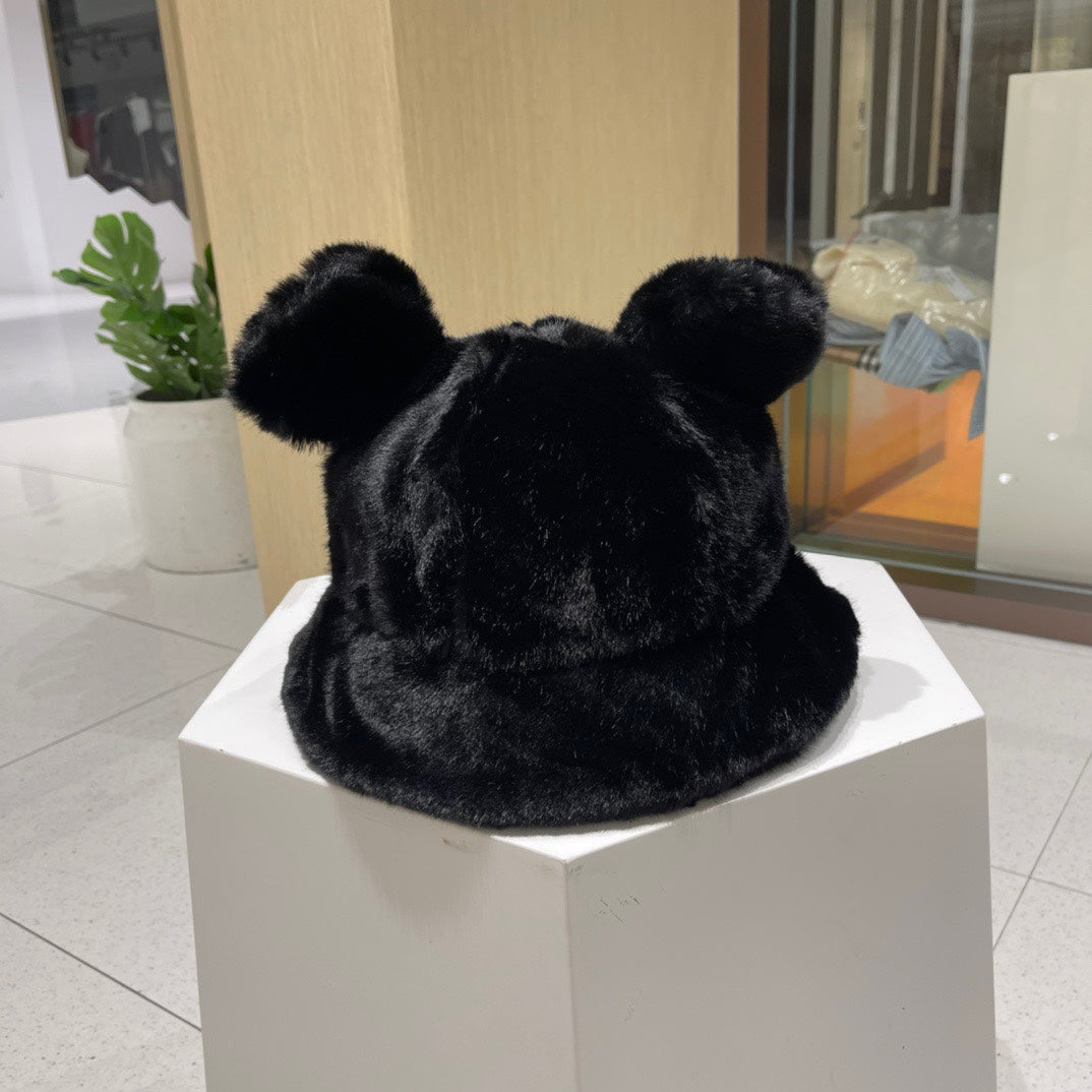BUCKET HAT WITH CUTE BEAR EARS IN BLACK MINK FUR 422026