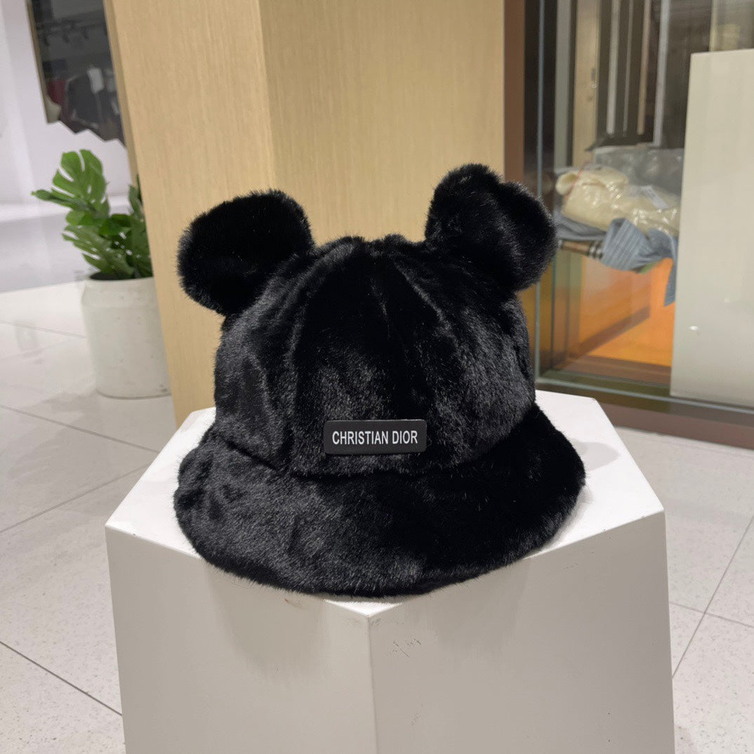 BUCKET HAT WITH CUTE BEAR EARS IN BLACK MINK FUR 422026