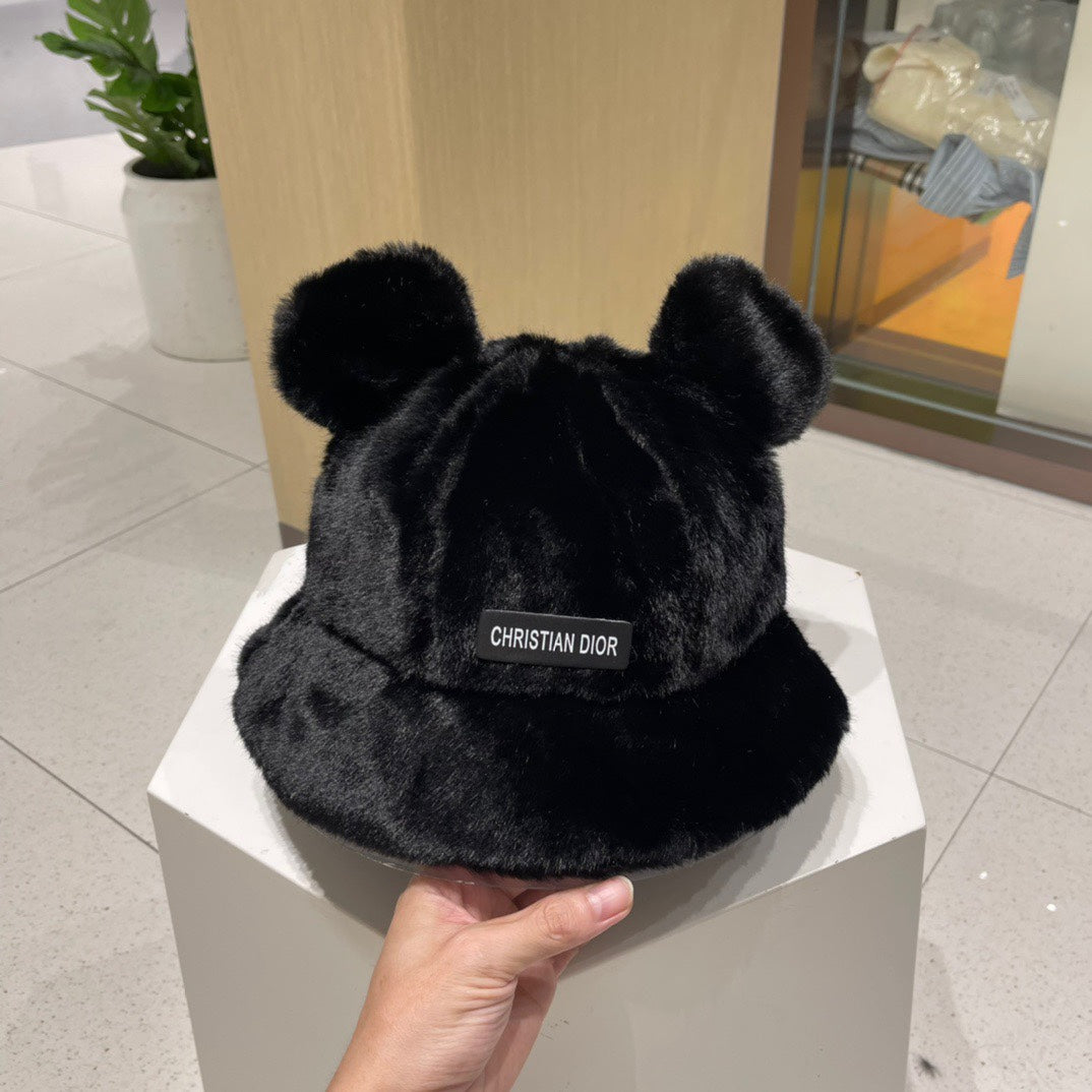 BUCKET HAT WITH CUTE BEAR EARS IN BLACK MINK FUR 422026