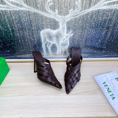 ALFIE LEATHER HIGH MULES IN CHOCOLATE BROWN CALFSKIN WITH WOVEN DESIGN