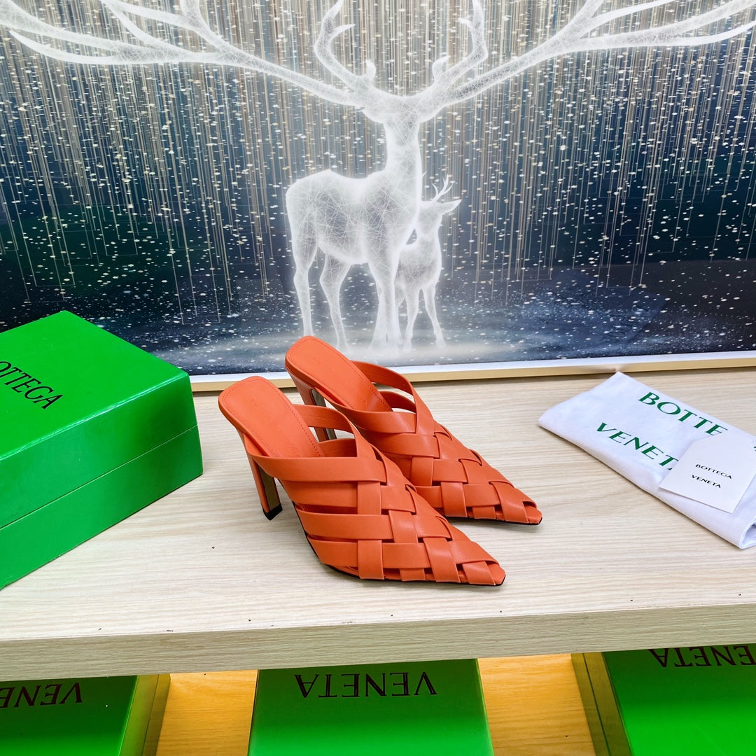 ALFIE LEATHER HIGH MULES IN VIVID ORANGE CALFSKIN WITH WOVEN DESIGN