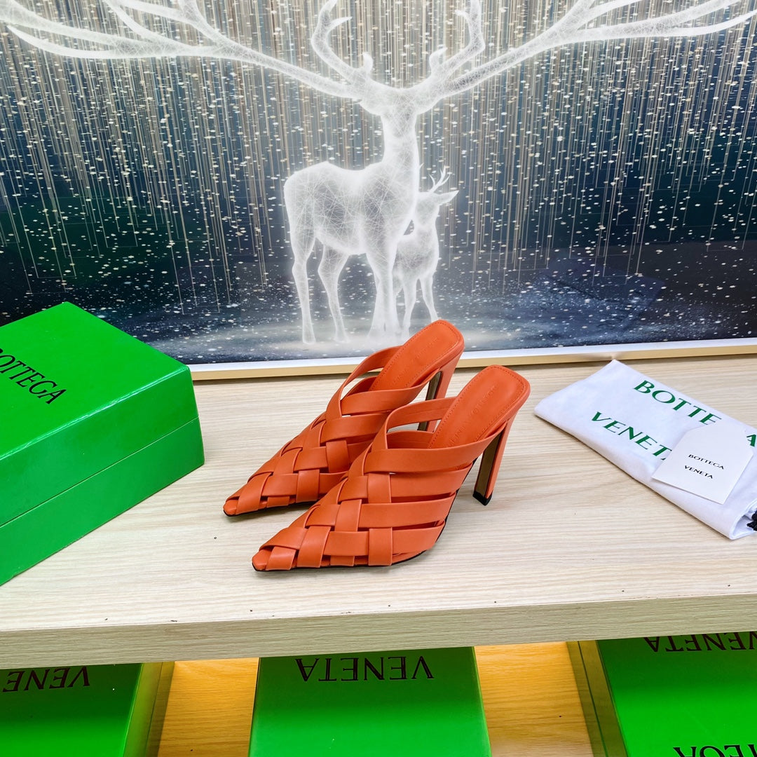 ALFIE LEATHER HIGH MULES IN VIVID ORANGE CALFSKIN WITH WOVEN DESIGN