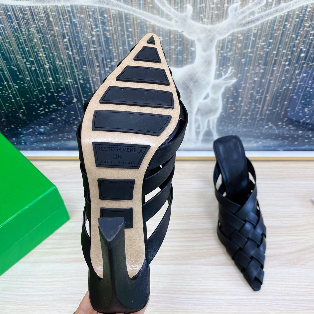 ALFIE LEATHER HIGH MULES IN BLACK CALFSKIN WITH WOVEN DESIGN