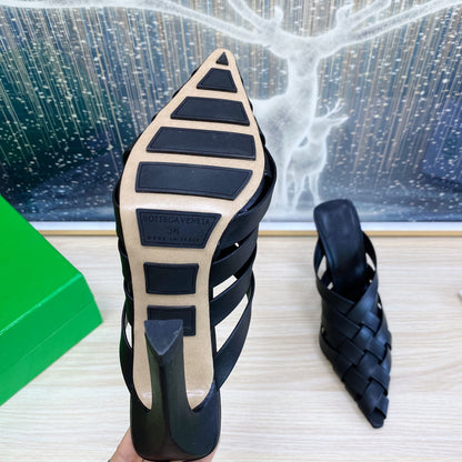 ALFIE LEATHER HIGH MULES IN BLACK CALFSKIN WITH WOVEN DESIGN