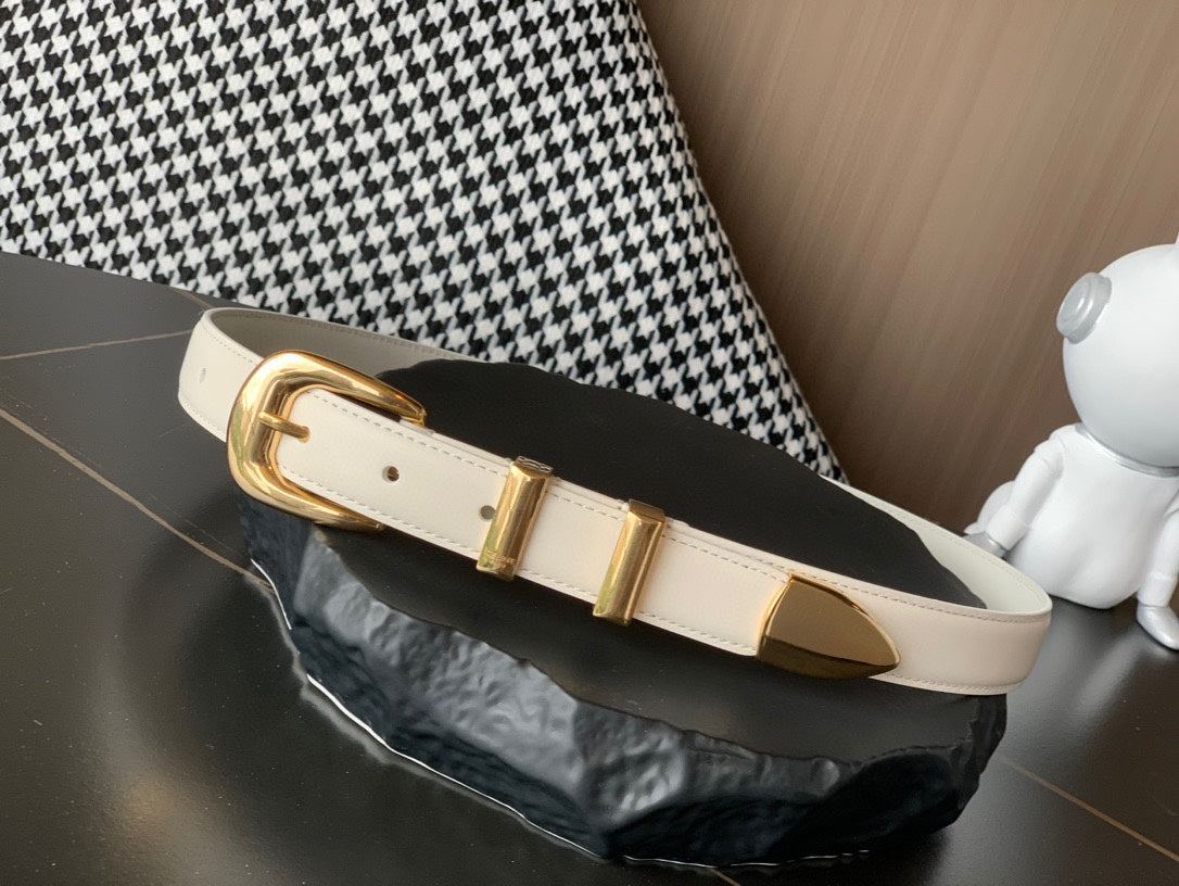 BELT 25MM MEDIUM WESTERN IN IVORY CALFSKIN GOLD BUCKLE