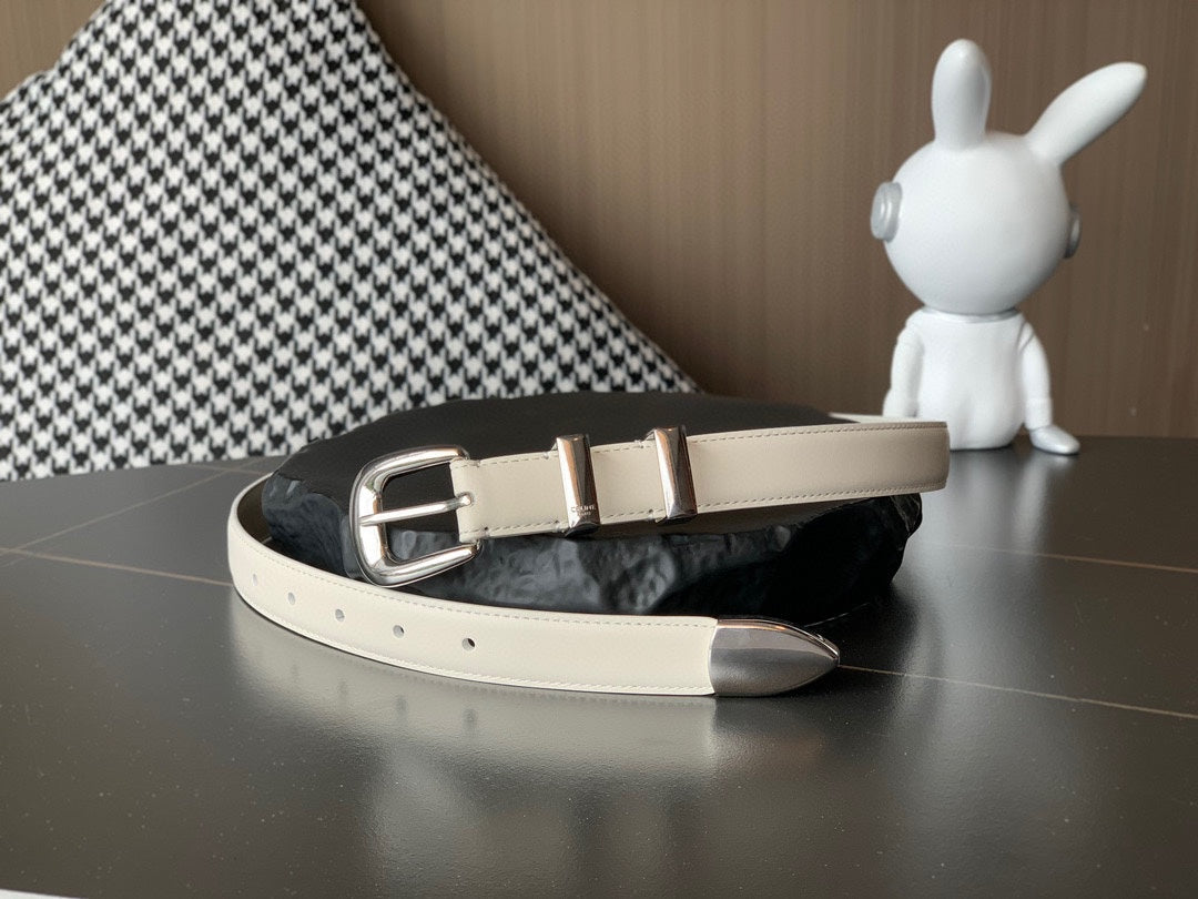 BELT 25MM MEDIUM WESTERN IN IVORY CALFSKIN SILVER GREY BUCKLE