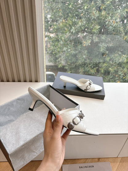 CAGOLE MID-HEEL MULES IN WHITE CALFSKIN