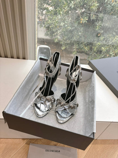 CAGOLE HIGH-HEEL SANDALS IN SILVER METALLIC LAMBSKIN
