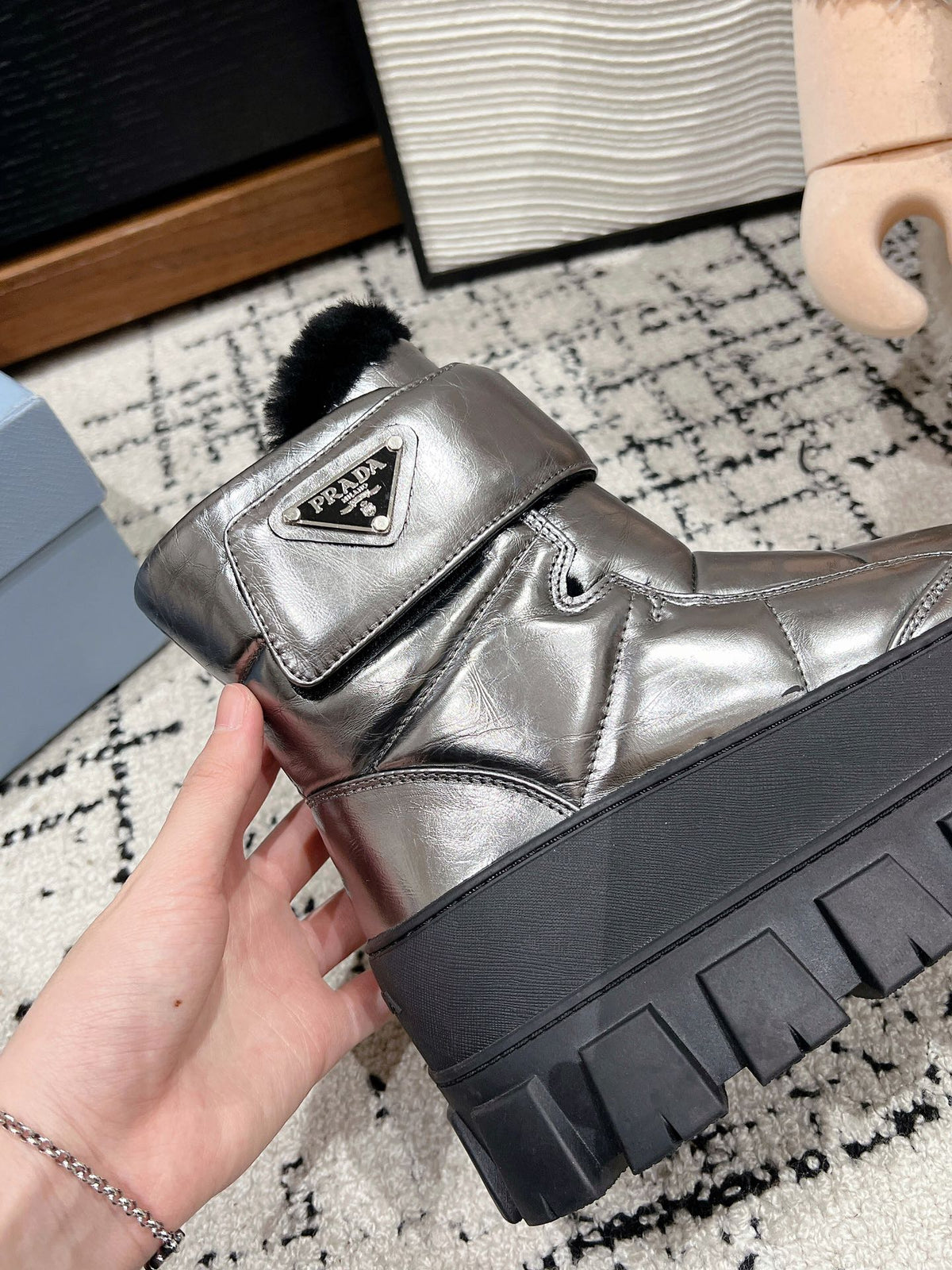 MONOLITH ANKLE BOOTS WITH STRAP IN METALLIC GRAY CALFSKIN AND FLEECE LINING
