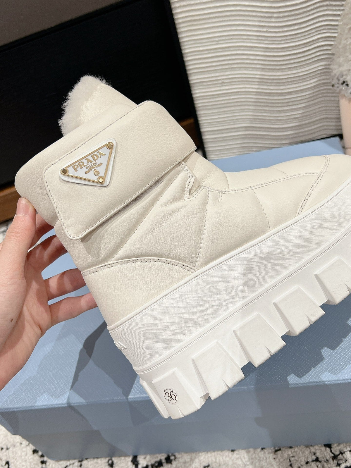 MONOLITH ANKLE BOOTS WITH STRAP IN RICE WHITE CALFSKIN AND FLEECE LINING