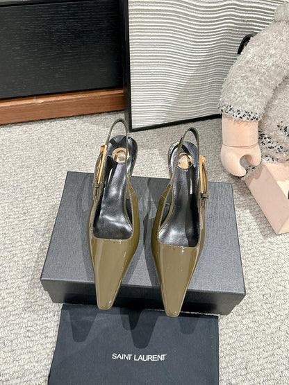 LEE SLINGBACK MID PUMPS IN ARMY GREEN SHINY CALFSKIN