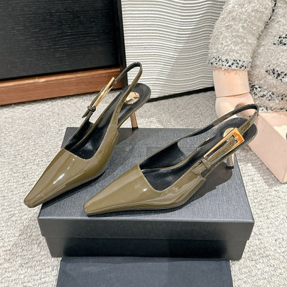 LEE SLINGBACK MID PUMPS IN ARMY GREEN SHINY CALFSKIN