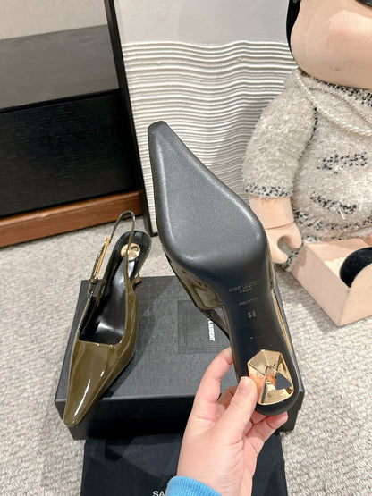 LEE SLINGBACK MID PUMPS IN ARMY GREEN SHINY CALFSKIN