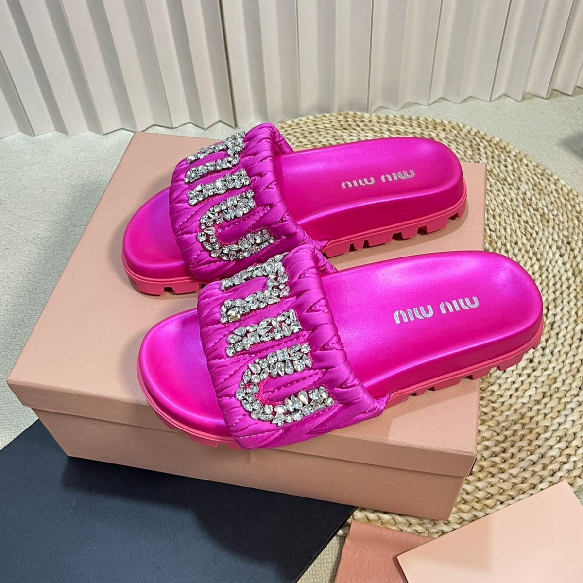 Bright Pink Sheepskin Diamond Slippers
