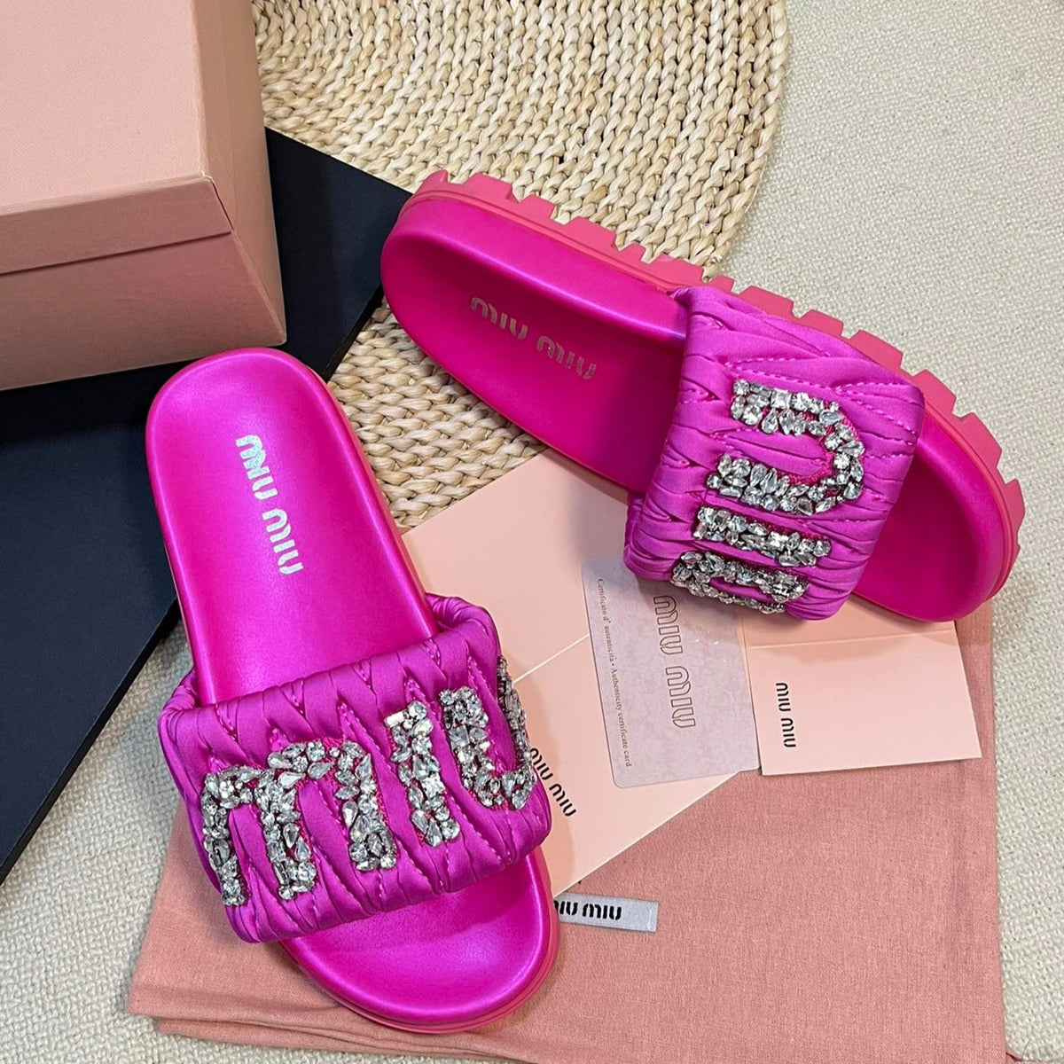 Bright Pink Sheepskin Diamond Slippers