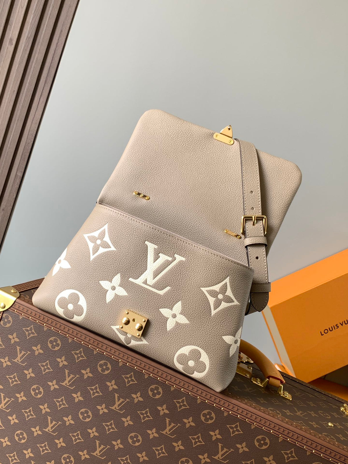 LV MADELEINE 30 IN BEIGE MONOGRAM CALFSKIN EMBOSSED LOGO
